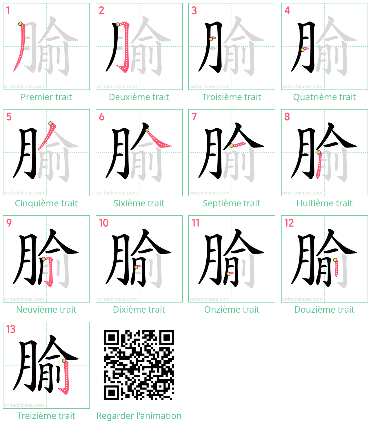 Diagrammes d'ordre des traits étape par étape pour le caractère 腧