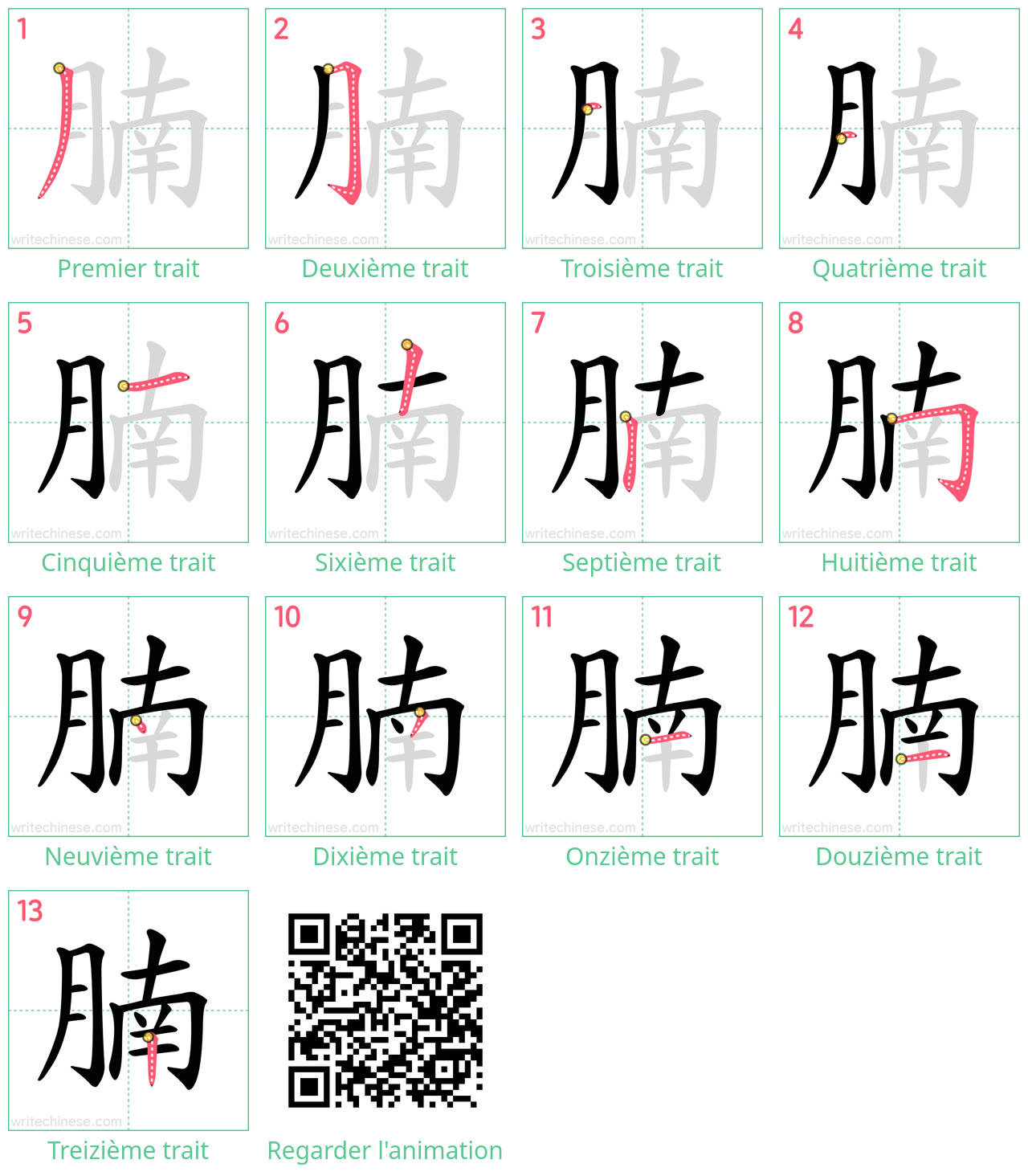 Diagrammes d'ordre des traits étape par étape pour le caractère 腩