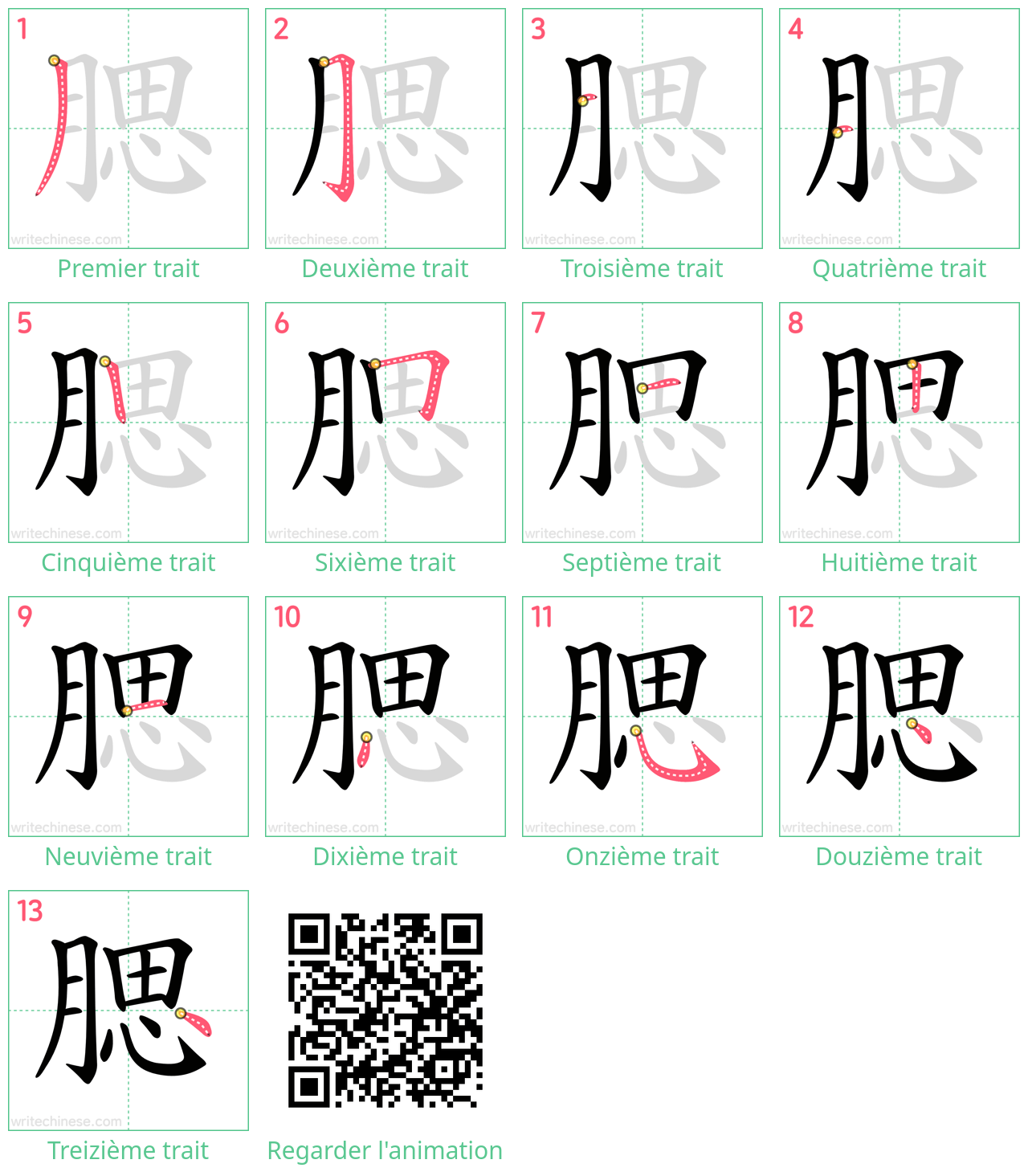 Diagrammes d'ordre des traits étape par étape pour le caractère 腮