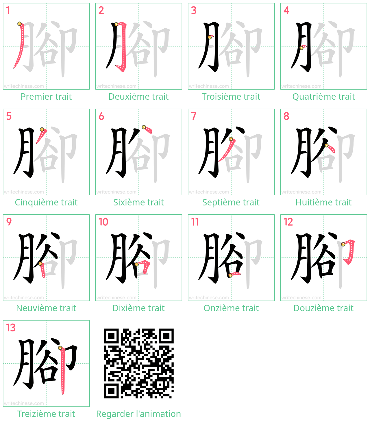 Diagrammes d'ordre des traits étape par étape pour le caractère 腳