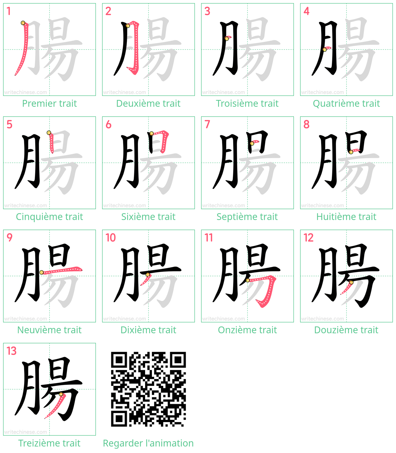 Diagrammes d'ordre des traits étape par étape pour le caractère 腸