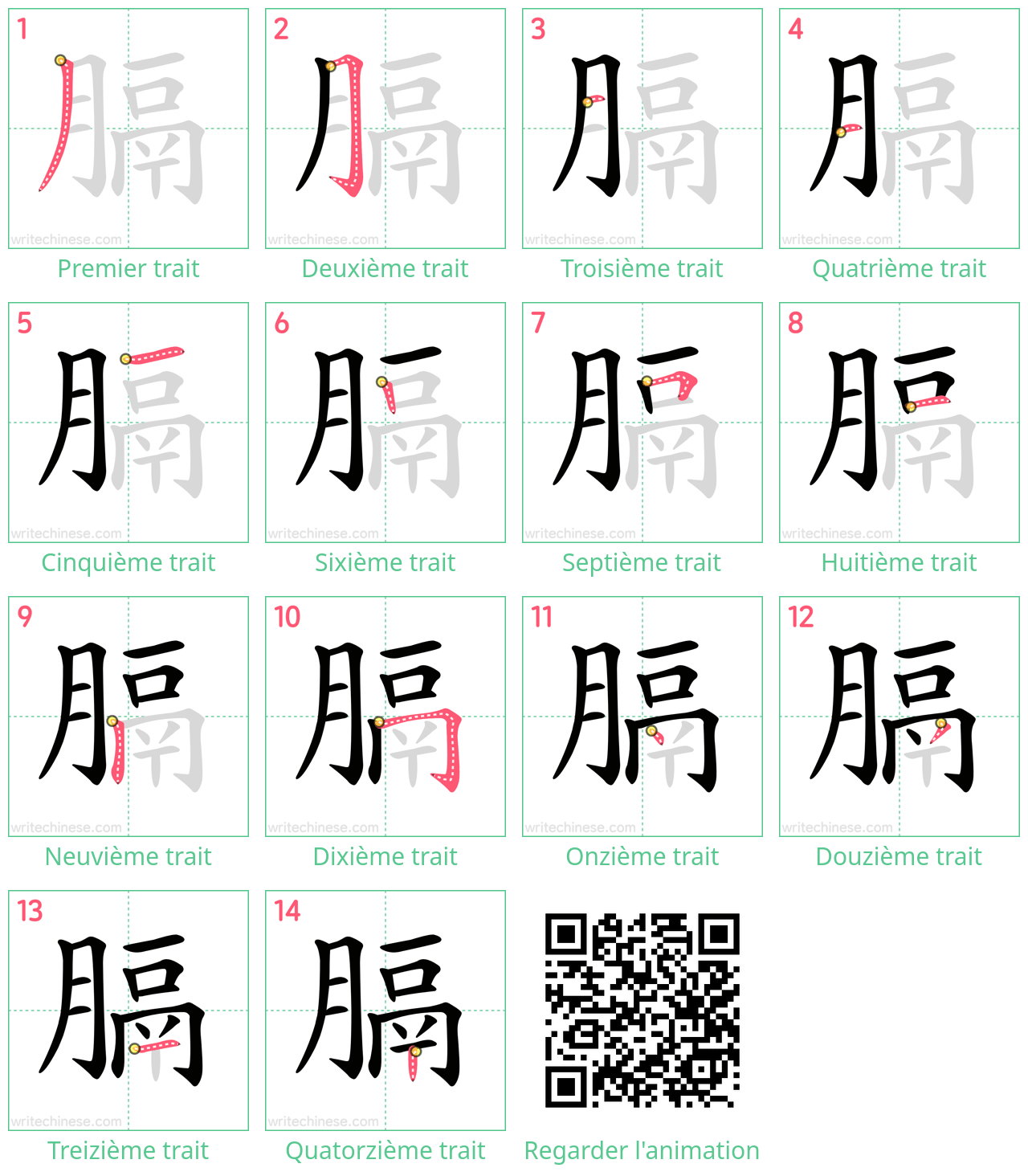 Diagrammes d'ordre des traits étape par étape pour le caractère 膈