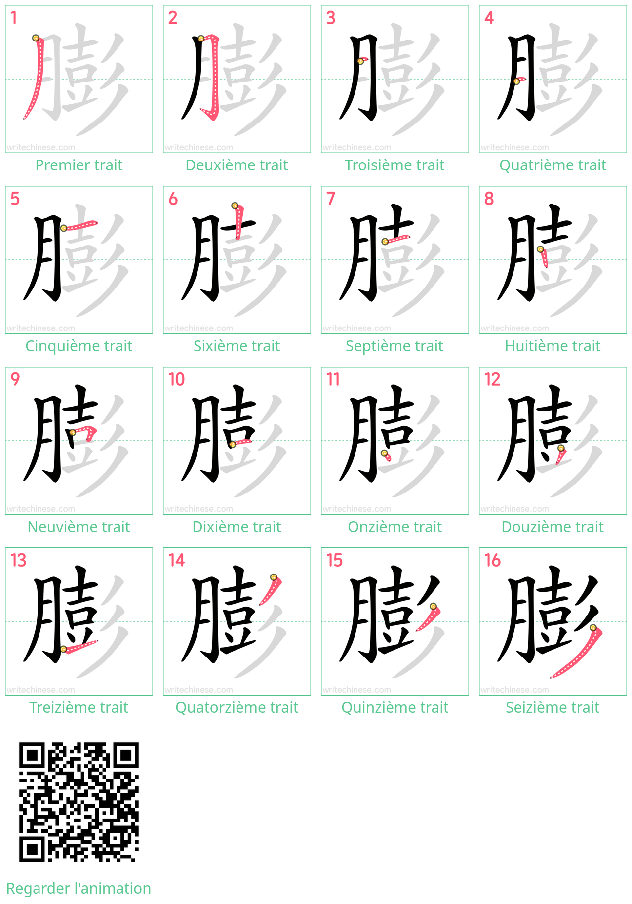 Diagrammes d'ordre des traits étape par étape pour le caractère 膨