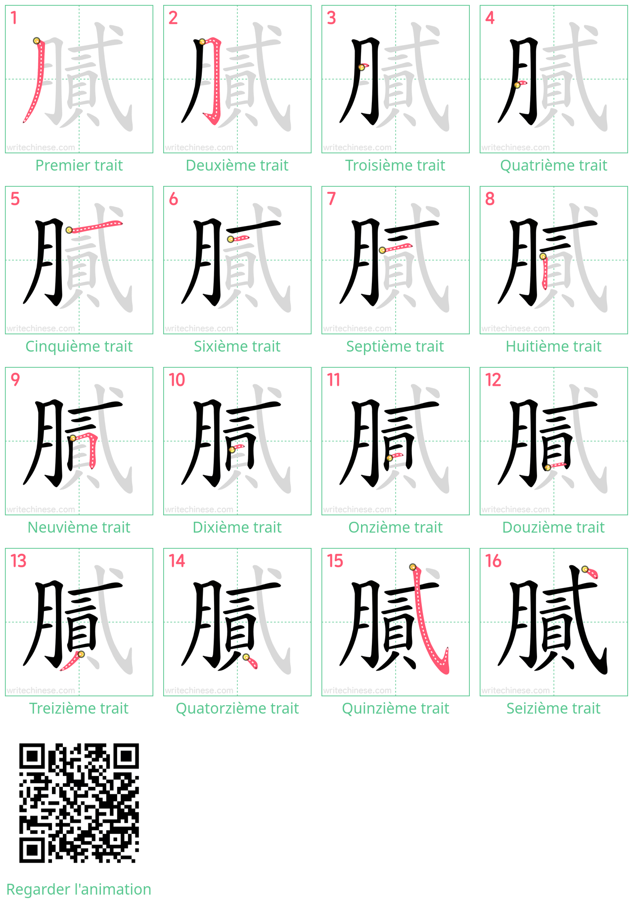 Diagrammes d'ordre des traits étape par étape pour le caractère 膩