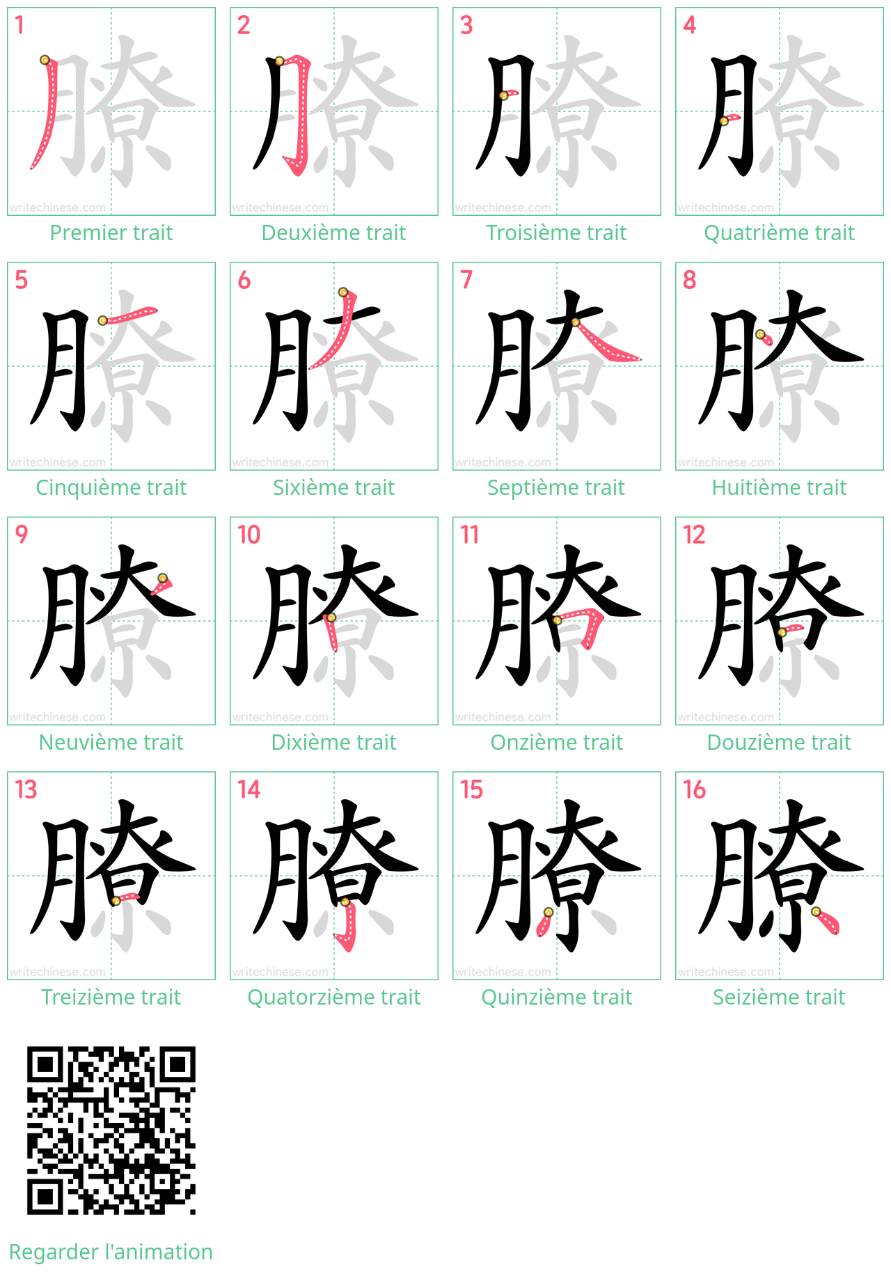 Diagrammes d'ordre des traits étape par étape pour le caractère 膫