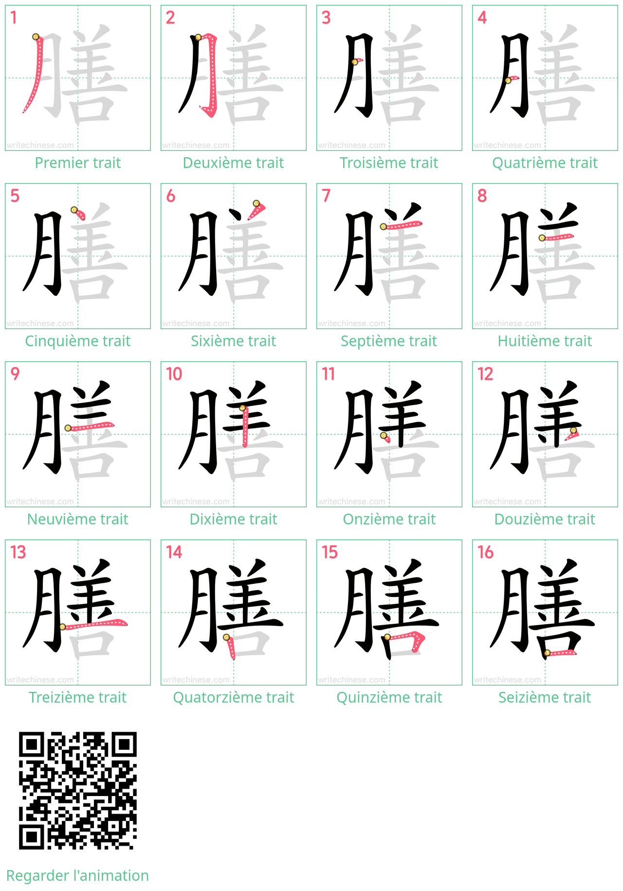 Diagrammes d'ordre des traits étape par étape pour le caractère 膳