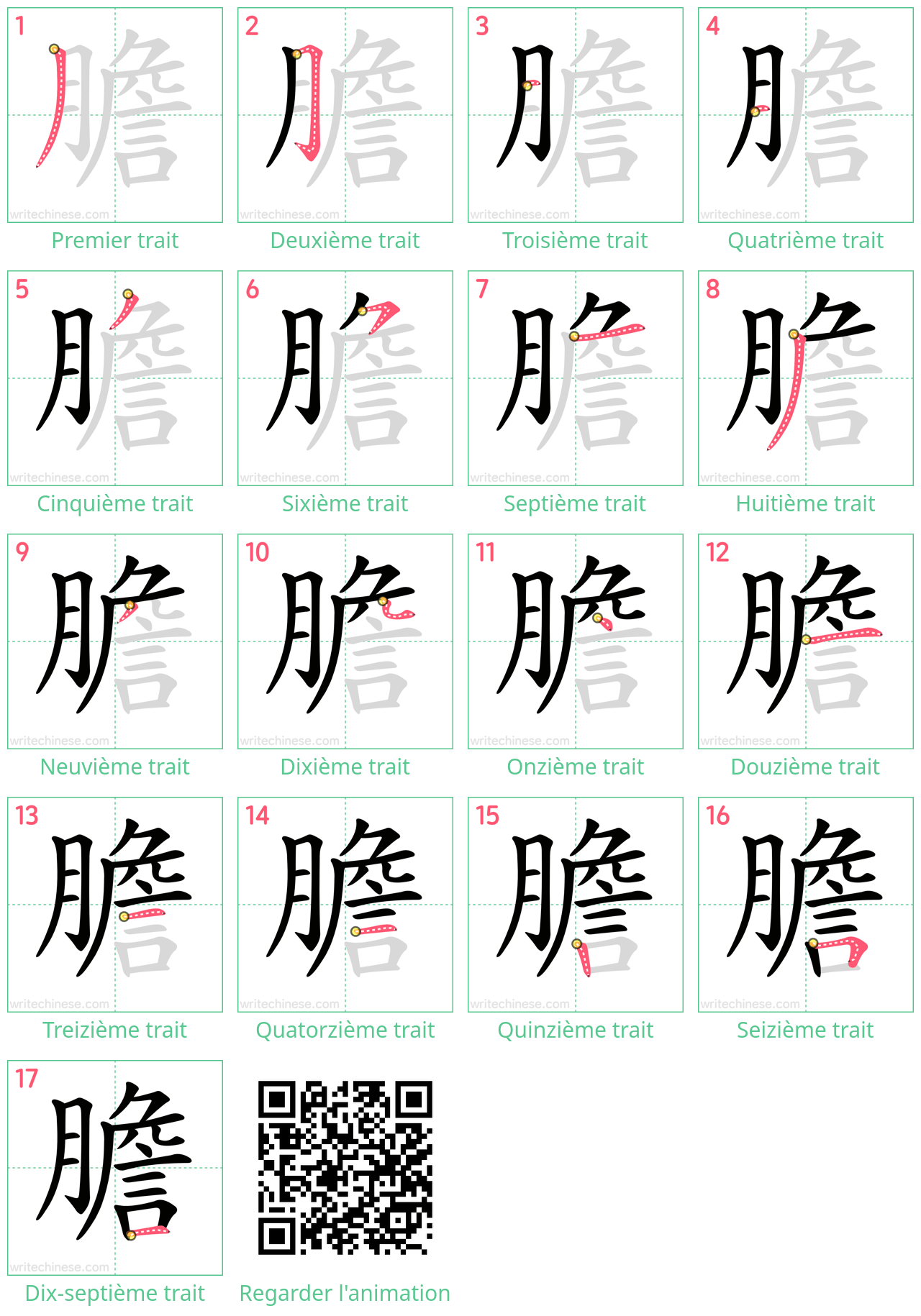 Diagrammes d'ordre des traits étape par étape pour le caractère 膽