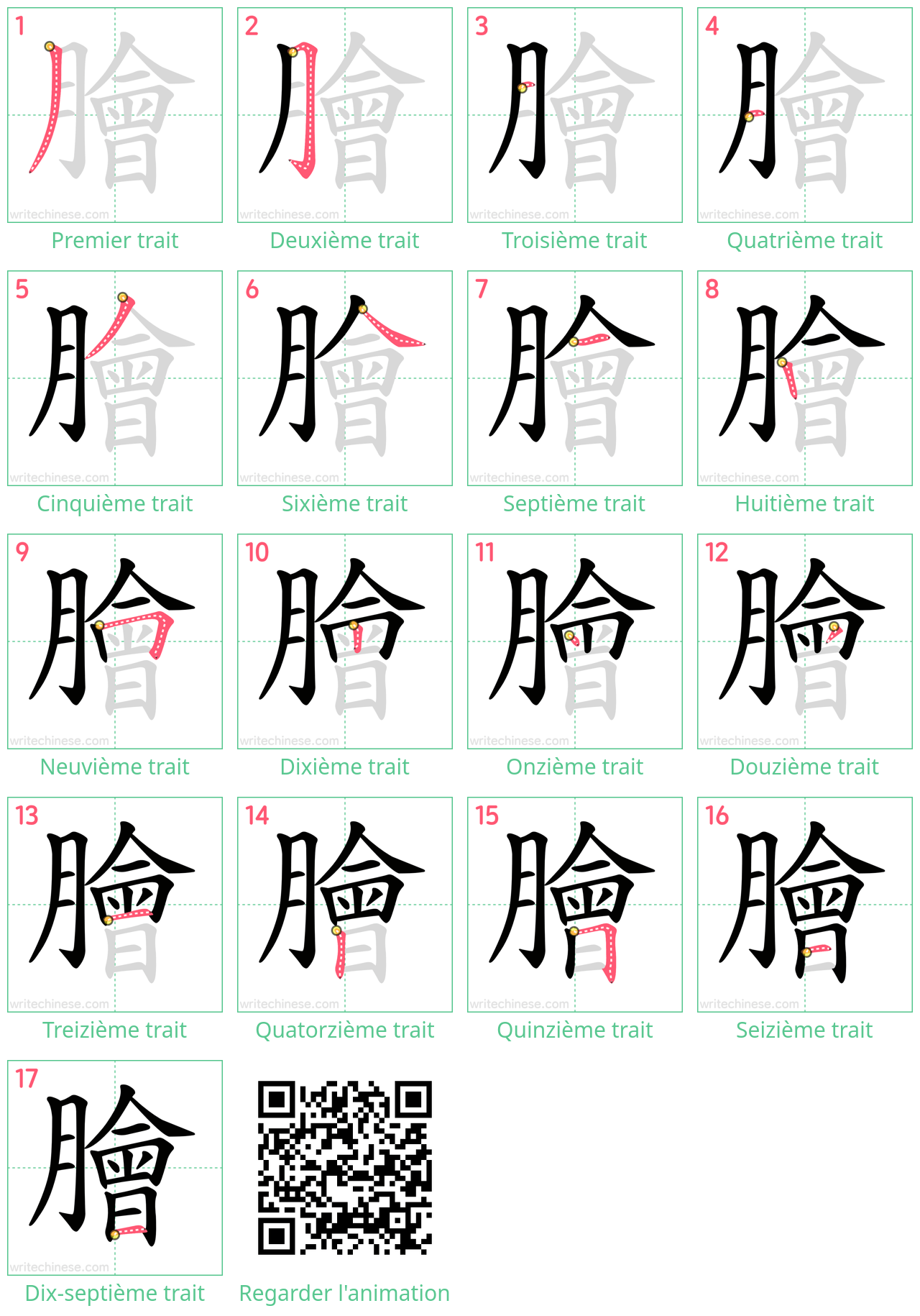 Diagrammes d'ordre des traits étape par étape pour le caractère 膾