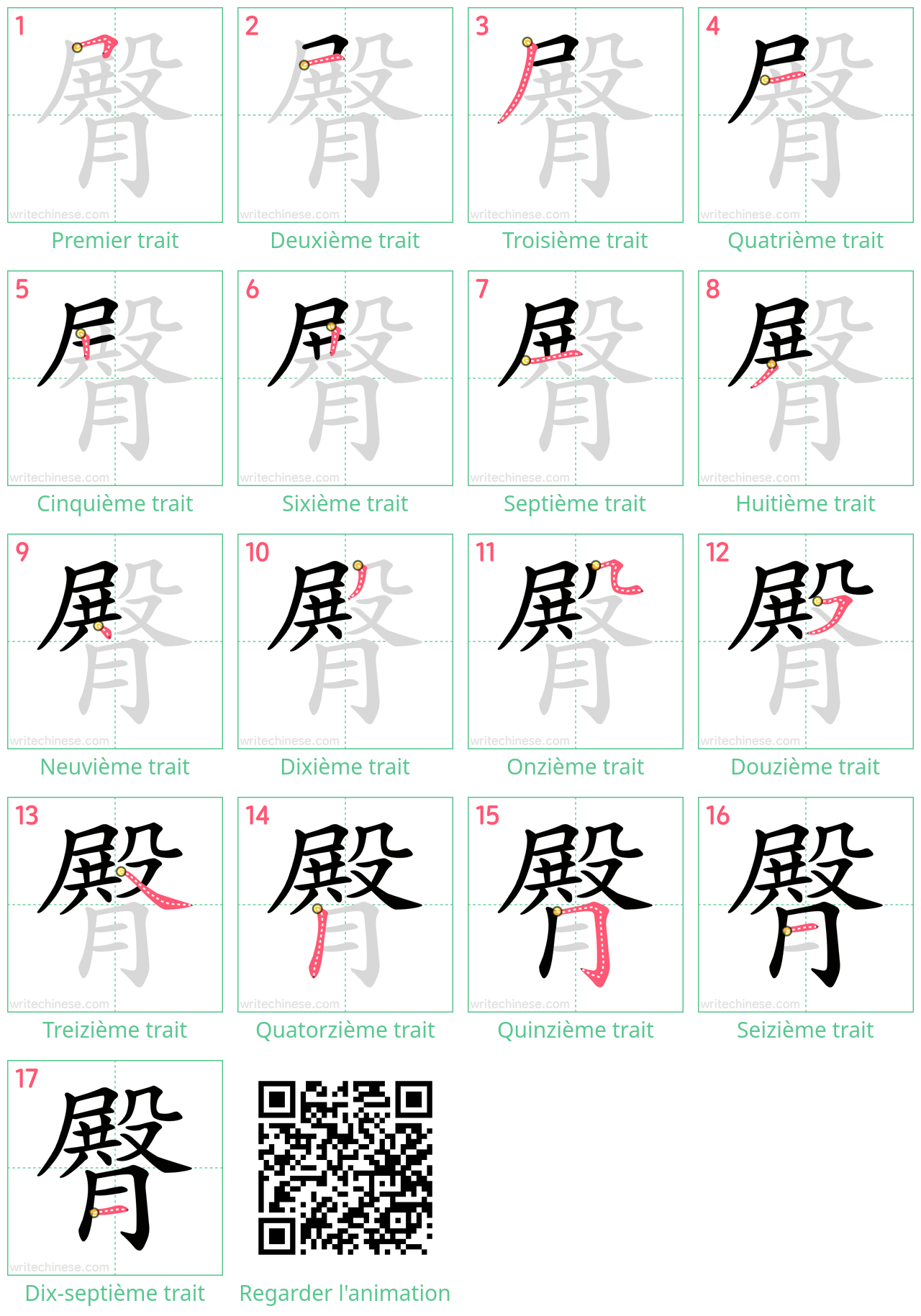 Diagrammes d'ordre des traits étape par étape pour le caractère 臀