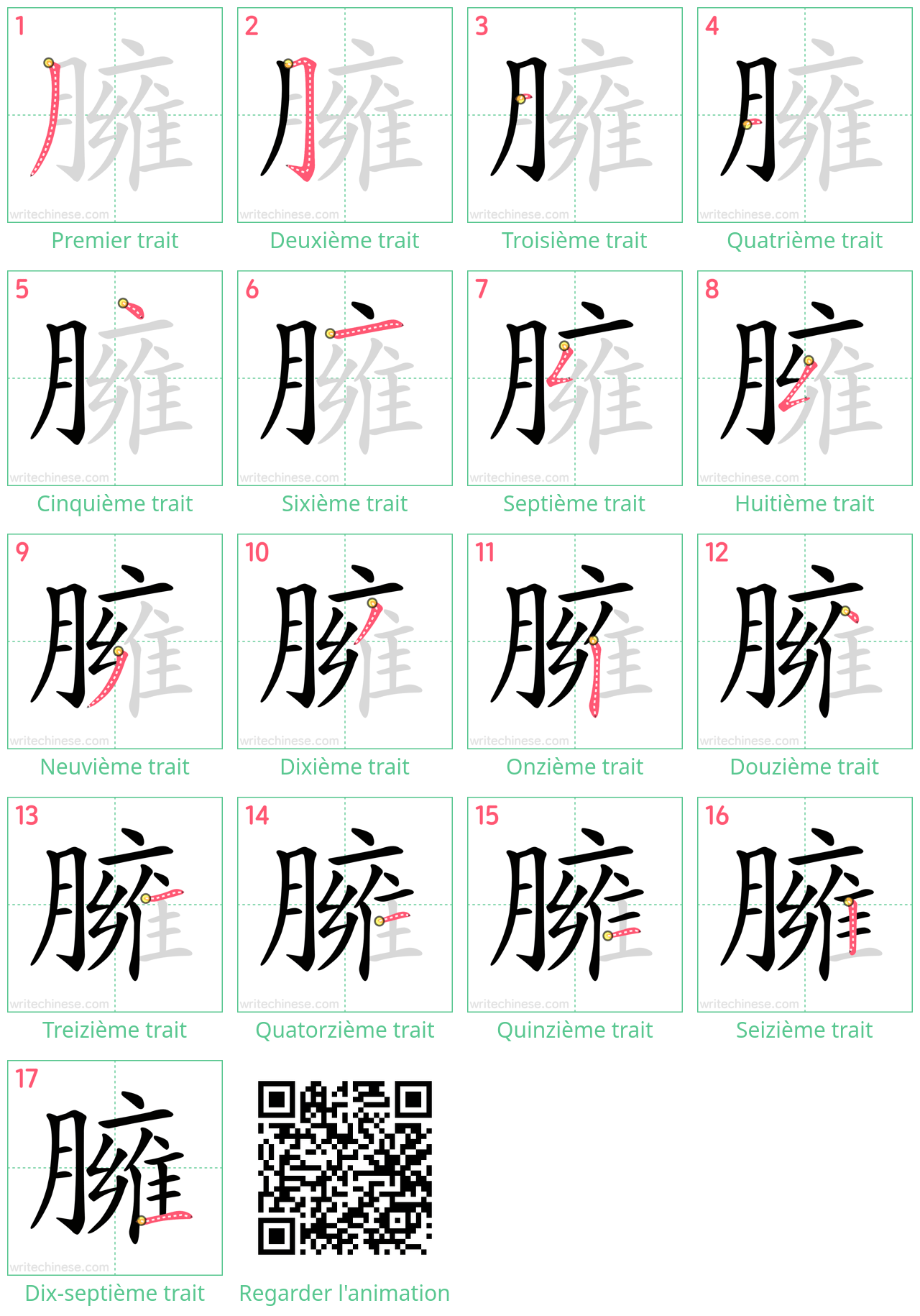 Diagrammes d'ordre des traits étape par étape pour le caractère 臃