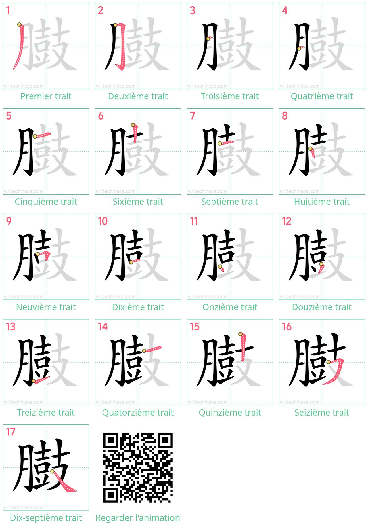 Diagrammes d'ordre des traits étape par étape pour le caractère 臌