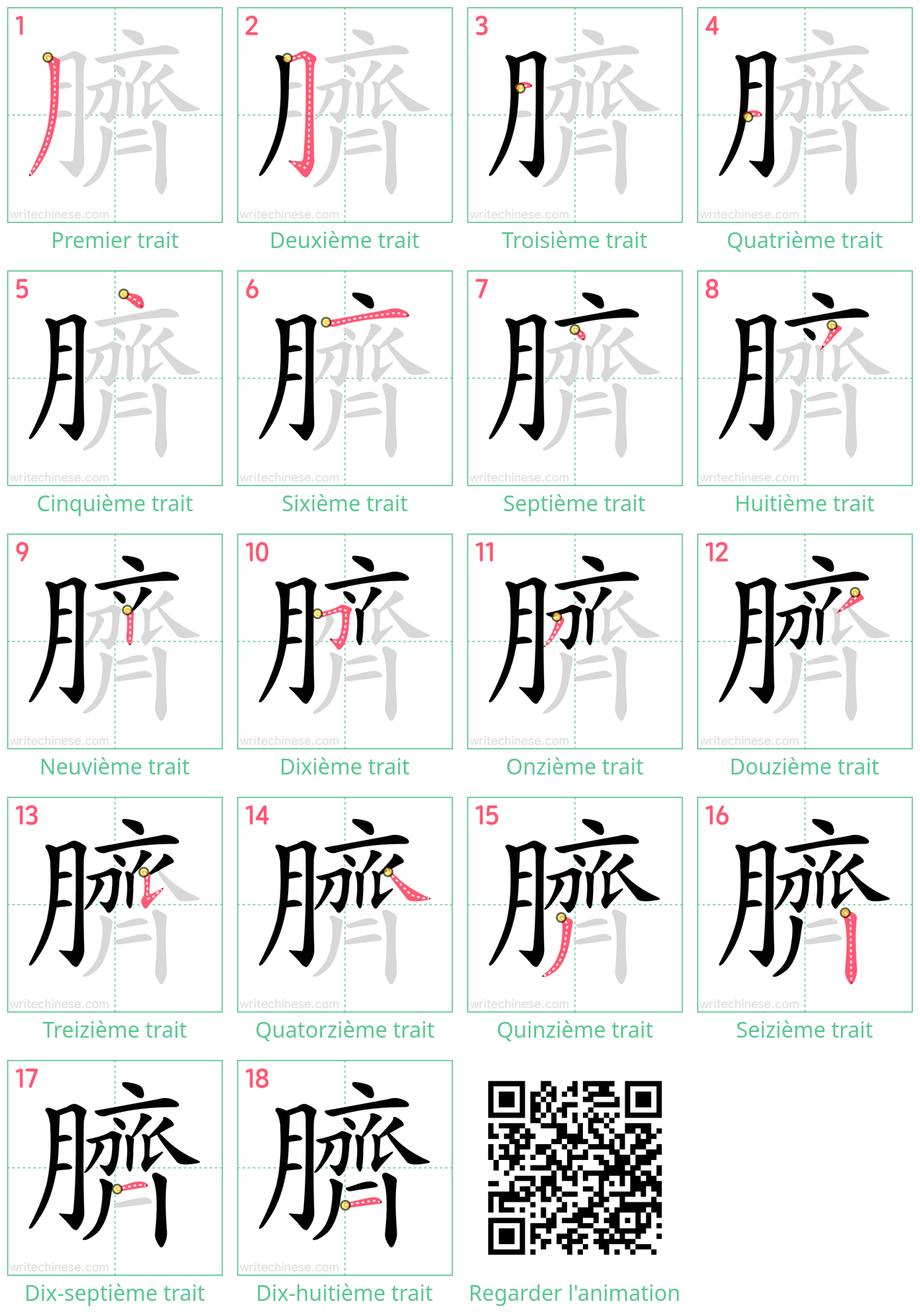 Diagrammes d'ordre des traits étape par étape pour le caractère 臍