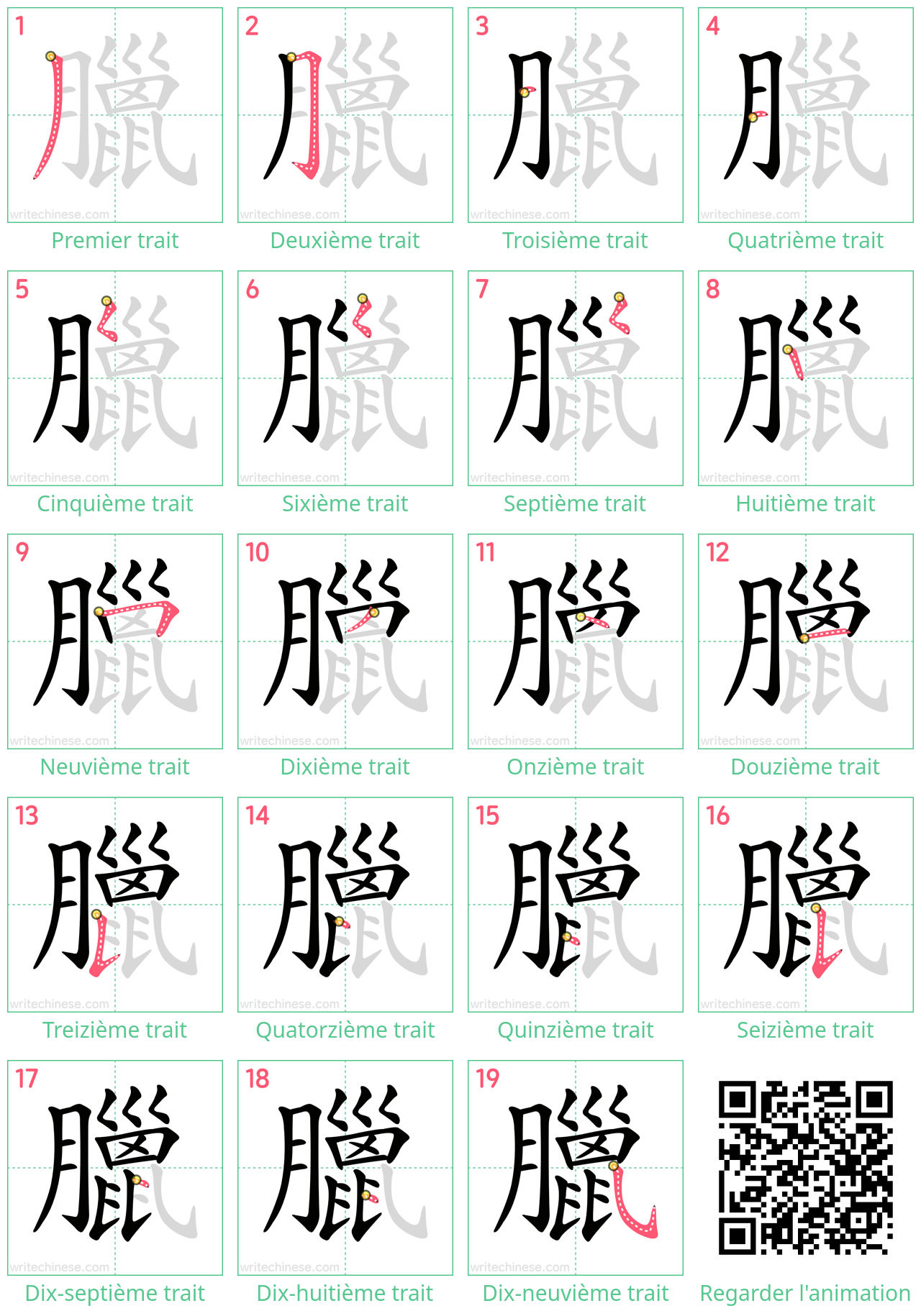 Diagrammes d'ordre des traits étape par étape pour le caractère 臘