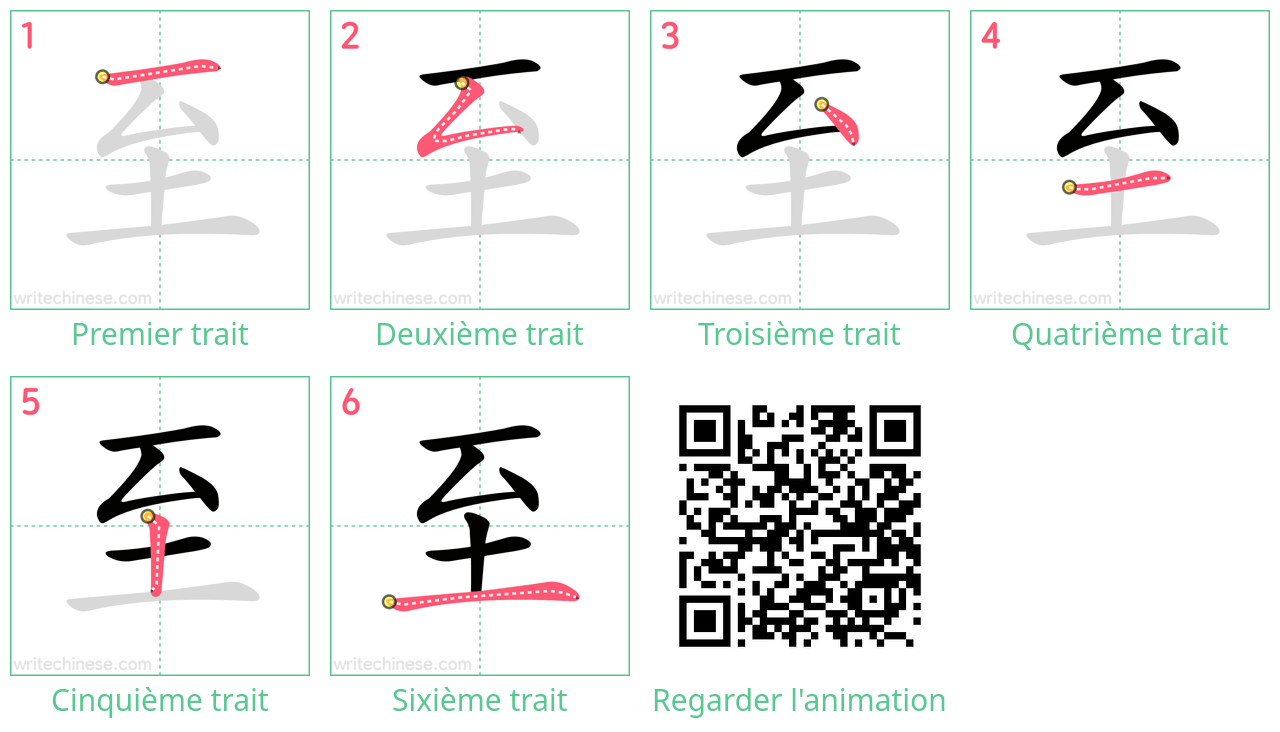 Diagrammes d'ordre des traits étape par étape pour le caractère 至