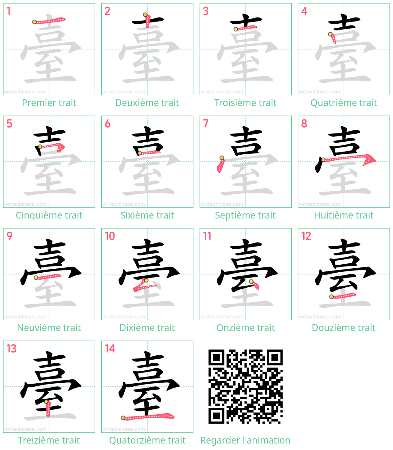 Diagrammes d'ordre des traits étape par étape pour le caractère 臺