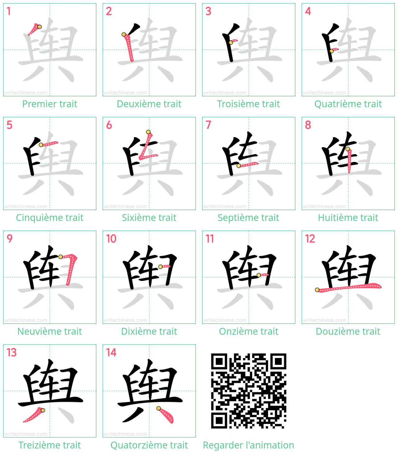 Diagrammes d'ordre des traits étape par étape pour le caractère 舆