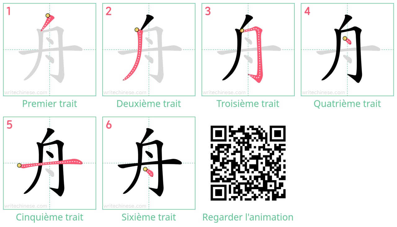 Diagrammes d'ordre des traits étape par étape pour le caractère 舟