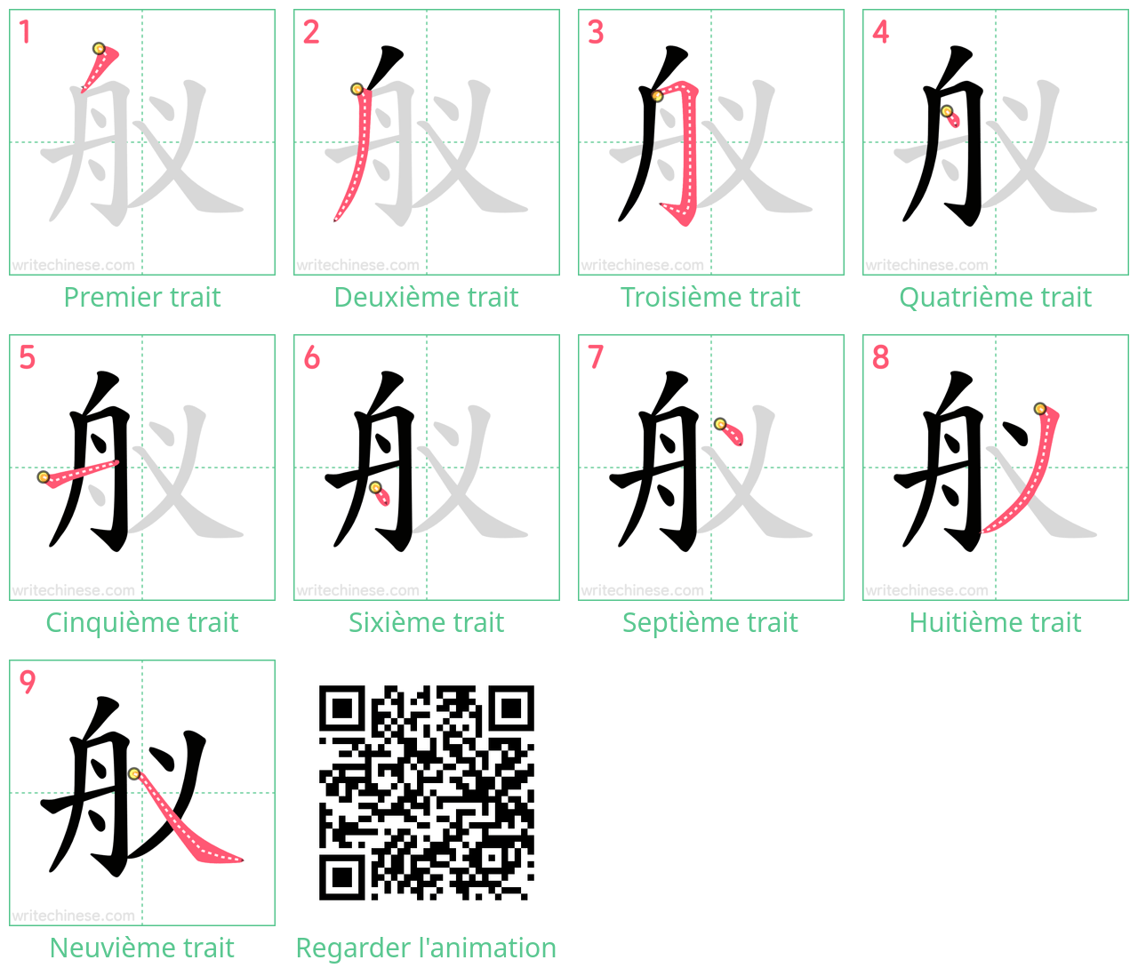 Diagrammes d'ordre des traits étape par étape pour le caractère 舣