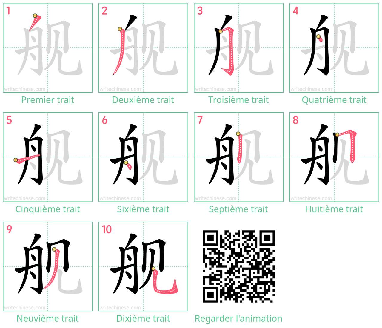 Diagrammes d'ordre des traits étape par étape pour le caractère 舰