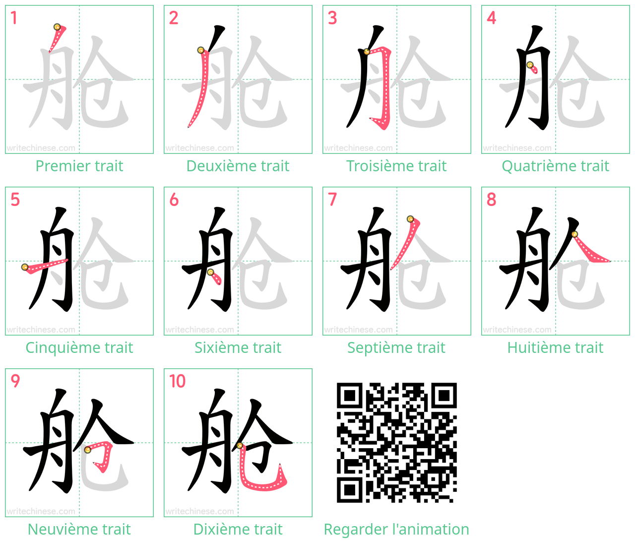 Diagrammes d'ordre des traits étape par étape pour le caractère 舱