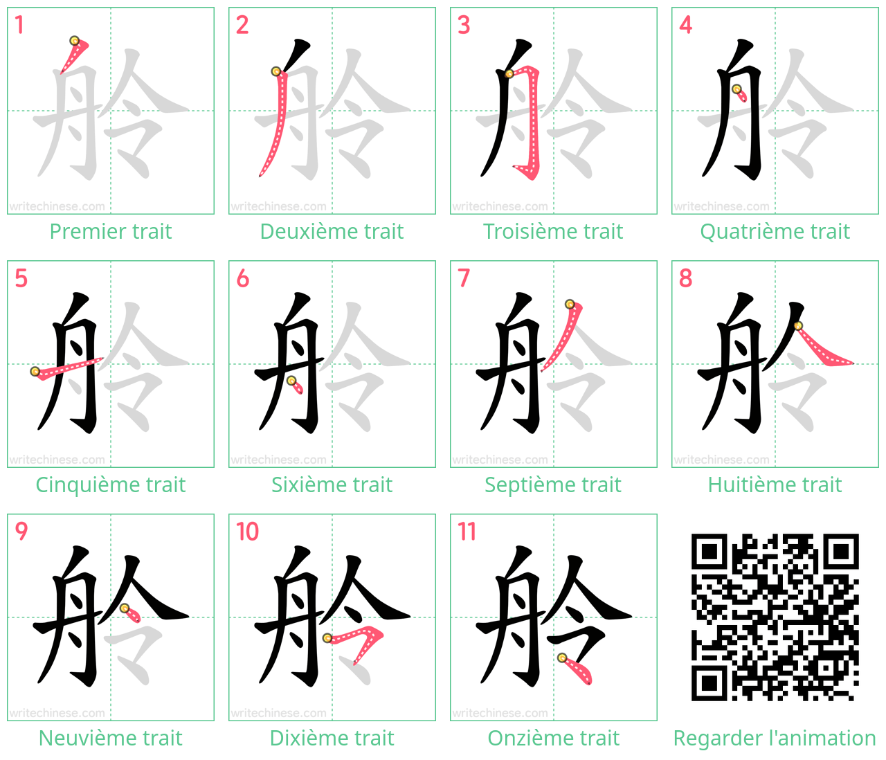 Diagrammes d'ordre des traits étape par étape pour le caractère 舲