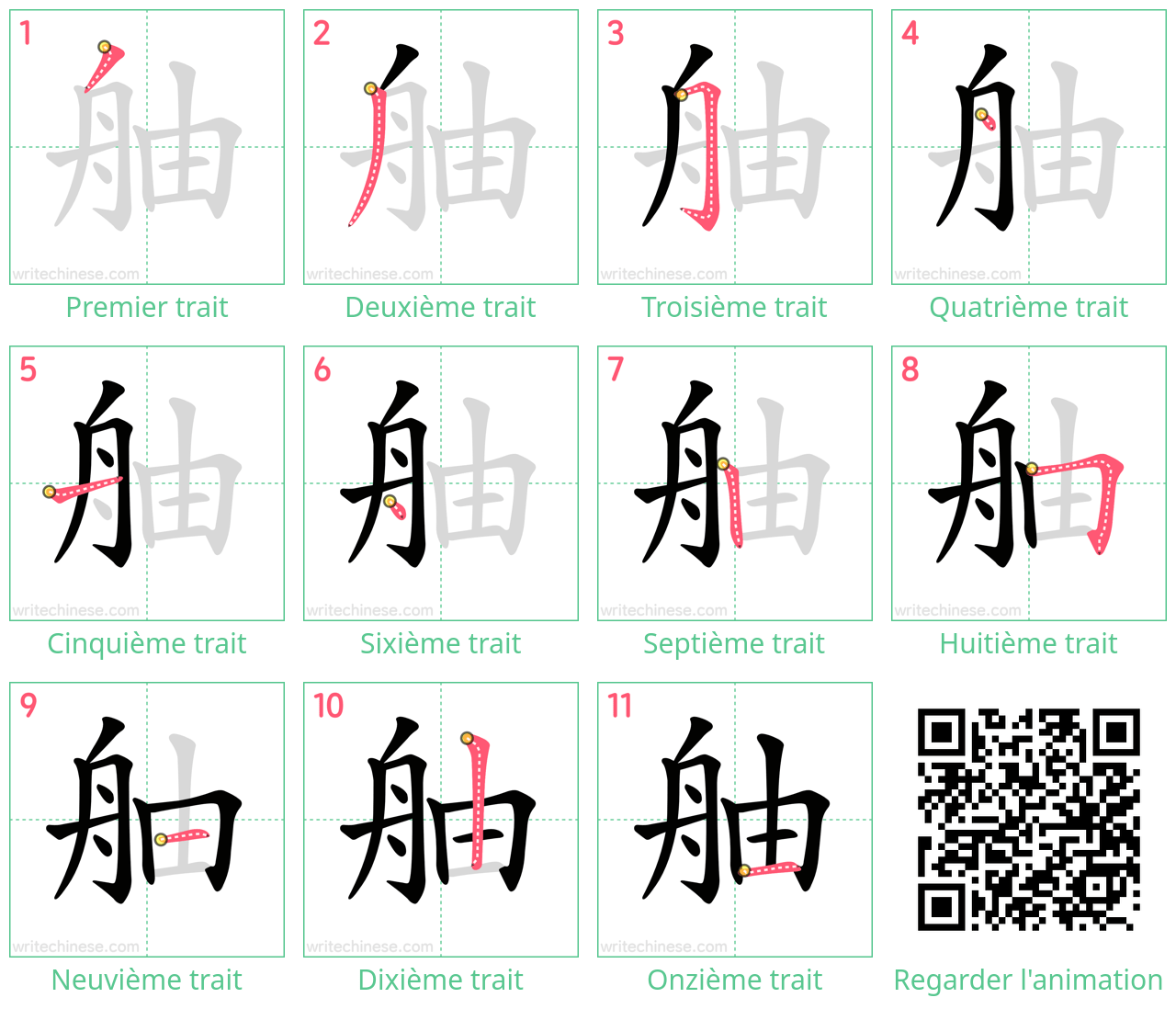 Diagrammes d'ordre des traits étape par étape pour le caractère 舳