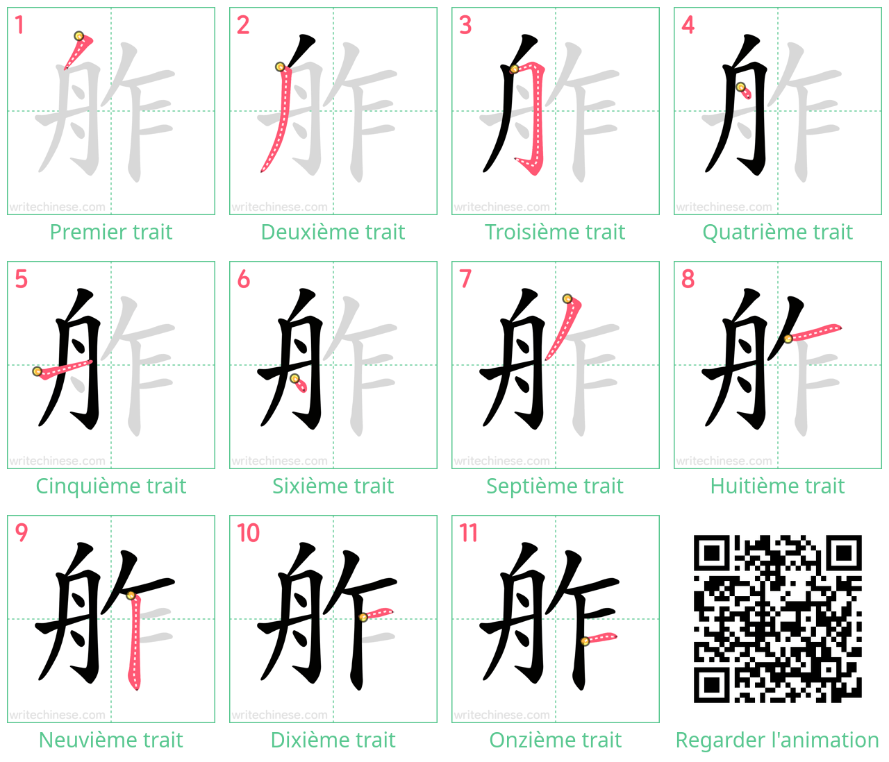 Diagrammes d'ordre des traits étape par étape pour le caractère 舴