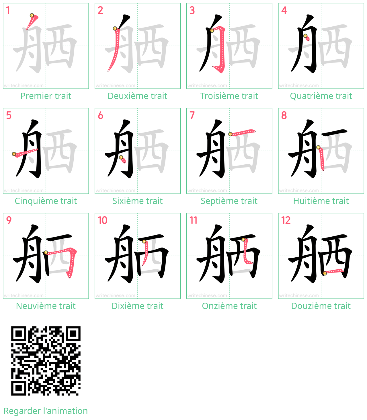 Diagrammes d'ordre des traits étape par étape pour le caractère 舾