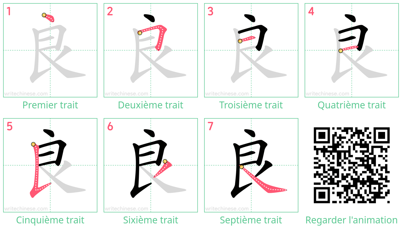 Diagrammes d'ordre des traits étape par étape pour le caractère 良