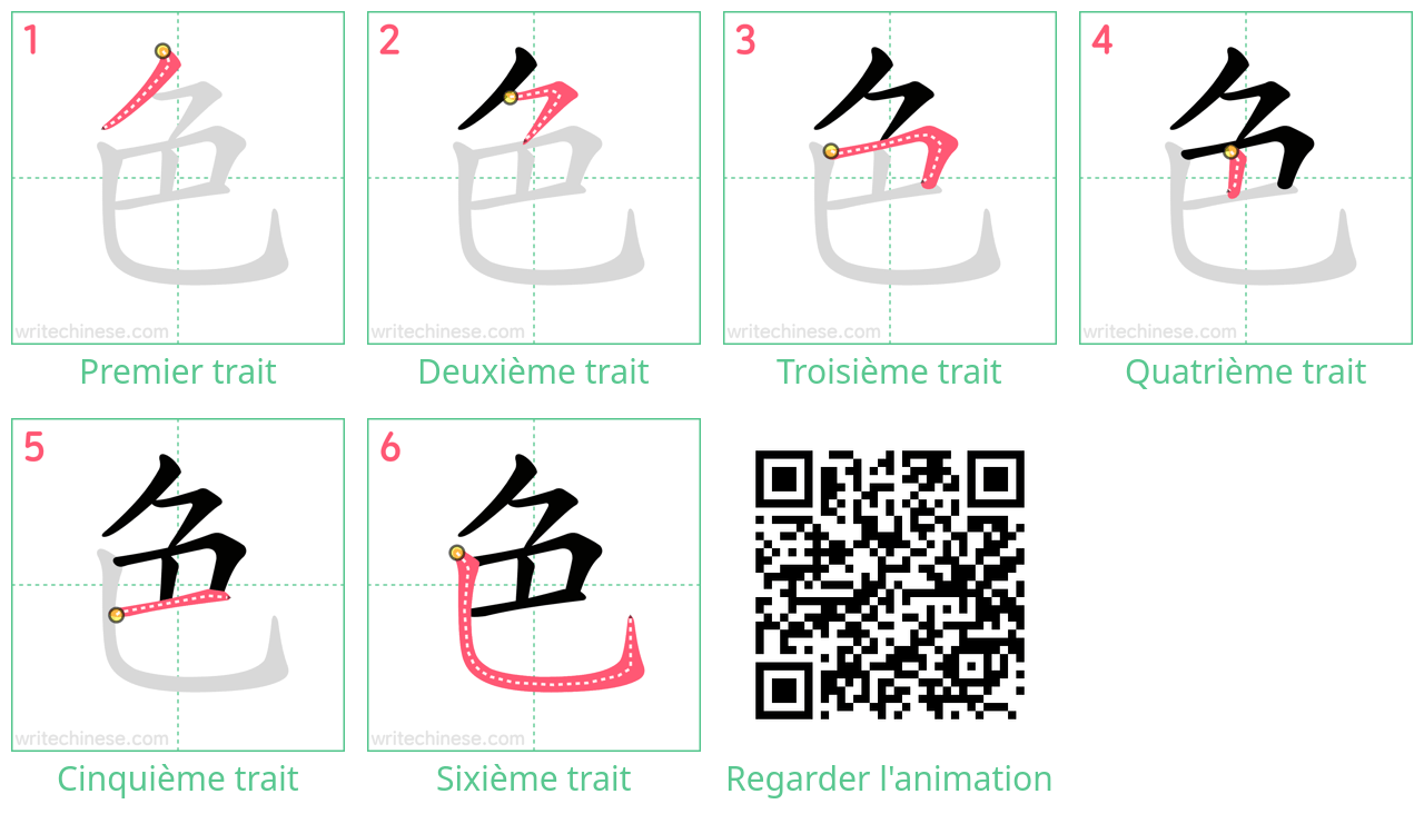 Diagrammes d'ordre des traits étape par étape pour le caractère 色