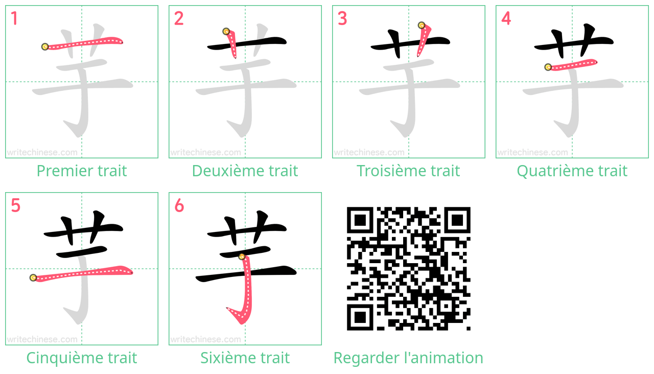 Diagrammes d'ordre des traits étape par étape pour le caractère 芋