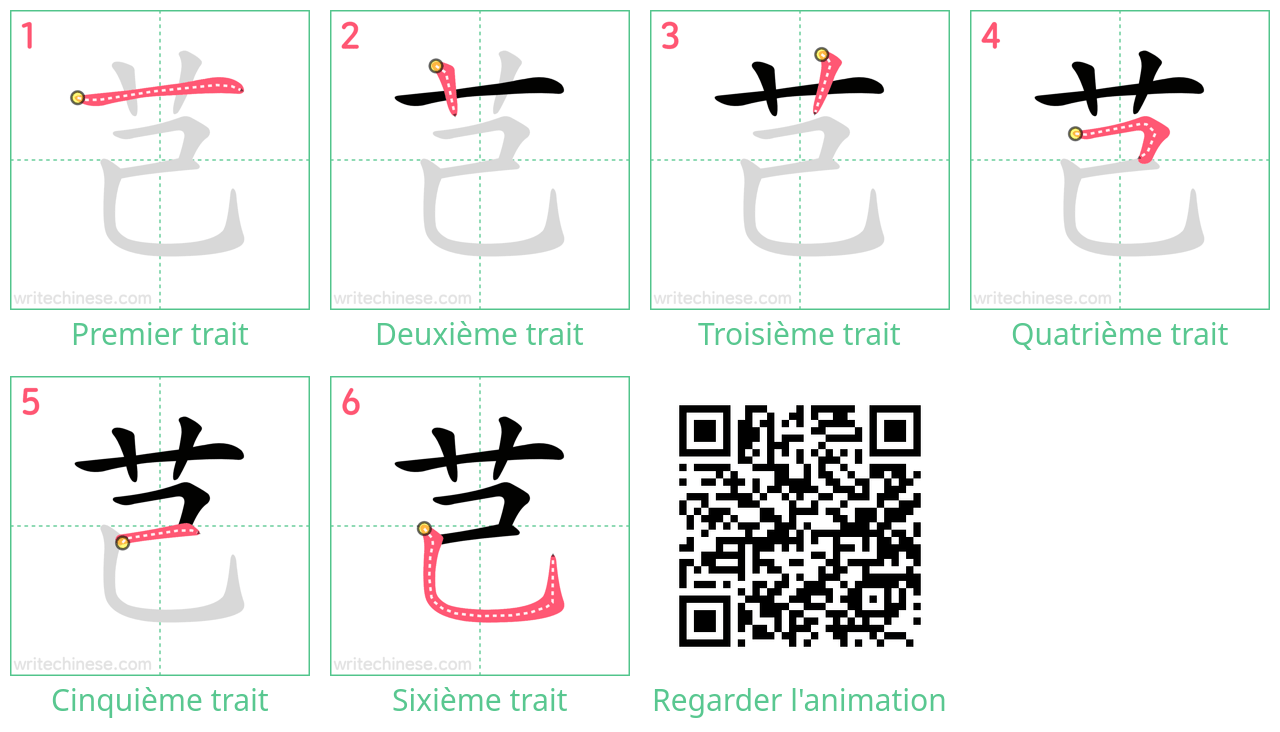 Diagrammes d'ordre des traits étape par étape pour le caractère 芑