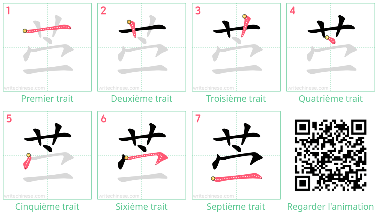 Diagrammes d'ordre des traits étape par étape pour le caractère 苎