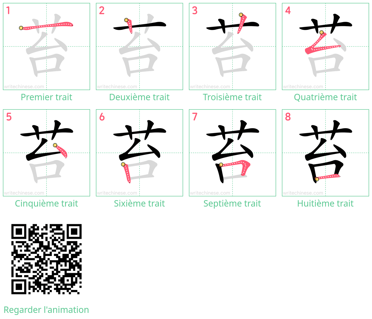 Diagrammes d'ordre des traits étape par étape pour le caractère 苔