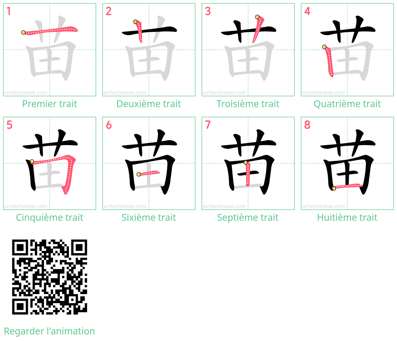 Diagrammes d'ordre des traits étape par étape pour le caractère 苗