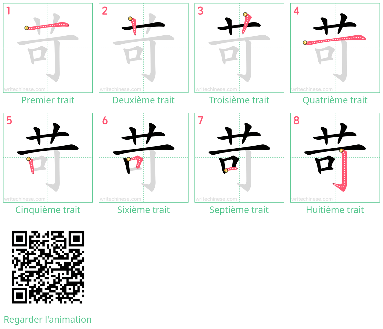 Diagrammes d'ordre des traits étape par étape pour le caractère 苛