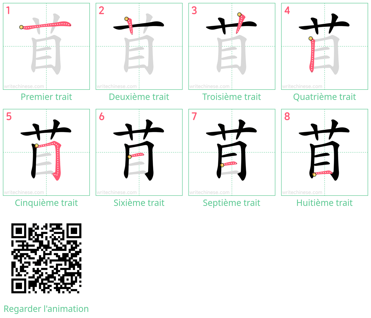 Diagrammes d'ordre des traits étape par étape pour le caractère 苜