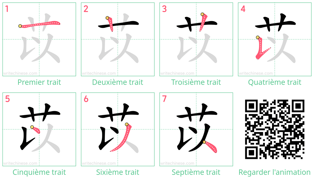 Diagrammes d'ordre des traits étape par étape pour le caractère 苡