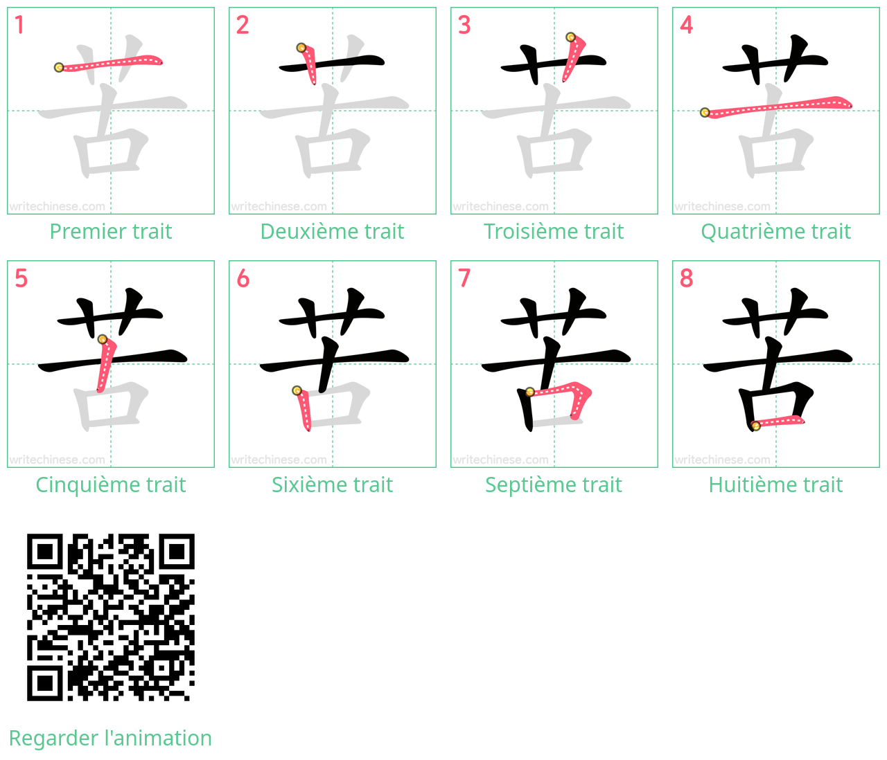 Diagrammes d'ordre des traits étape par étape pour le caractère 苦