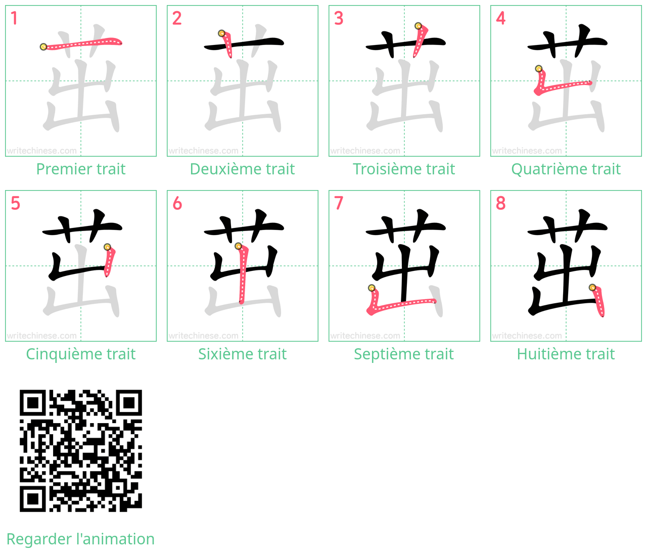 Diagrammes d'ordre des traits étape par étape pour le caractère 茁