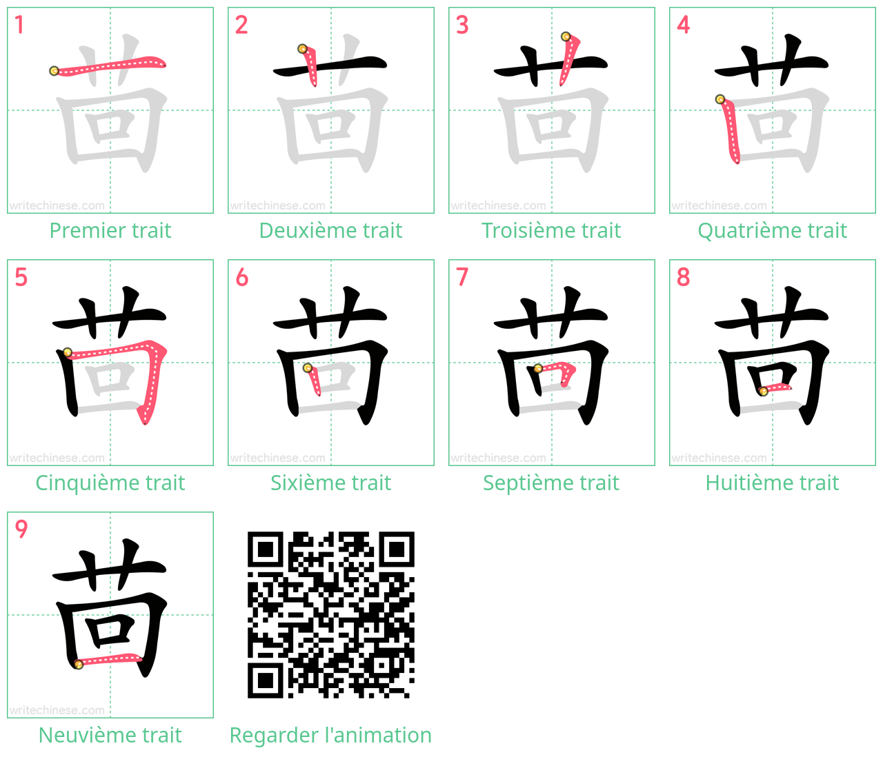 Diagrammes d'ordre des traits étape par étape pour le caractère 茴