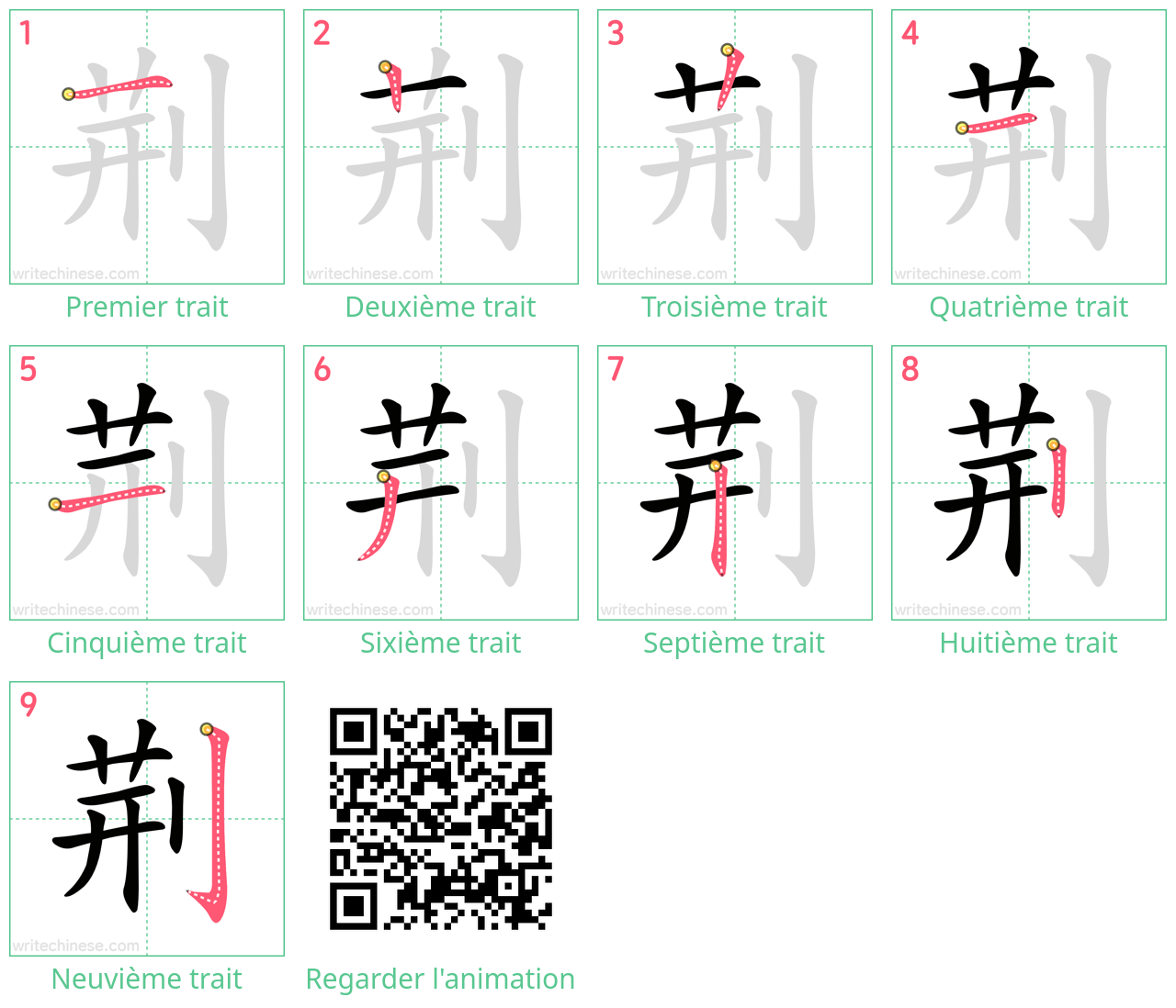 Diagrammes d'ordre des traits étape par étape pour le caractère 荆