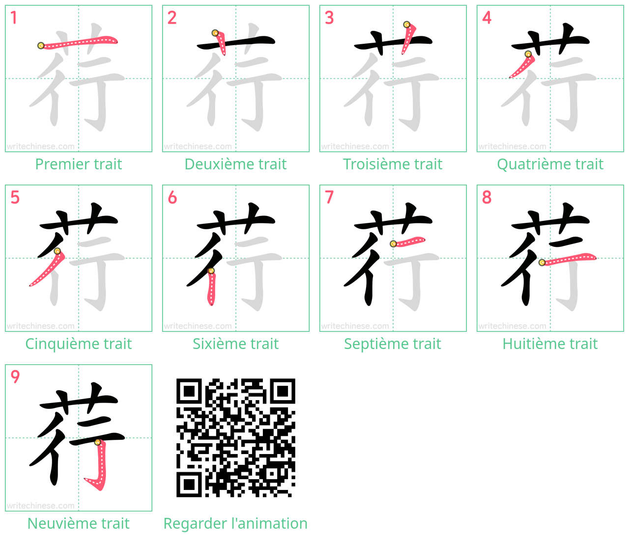 Diagrammes d'ordre des traits étape par étape pour le caractère 荇