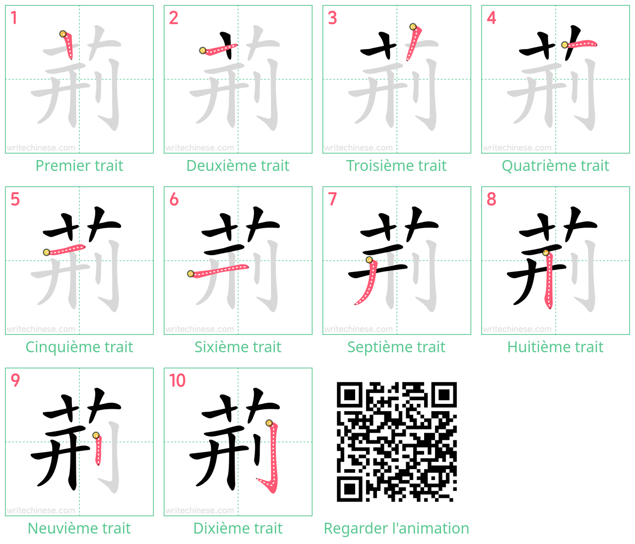 Diagrammes d'ordre des traits étape par étape pour le caractère 荊