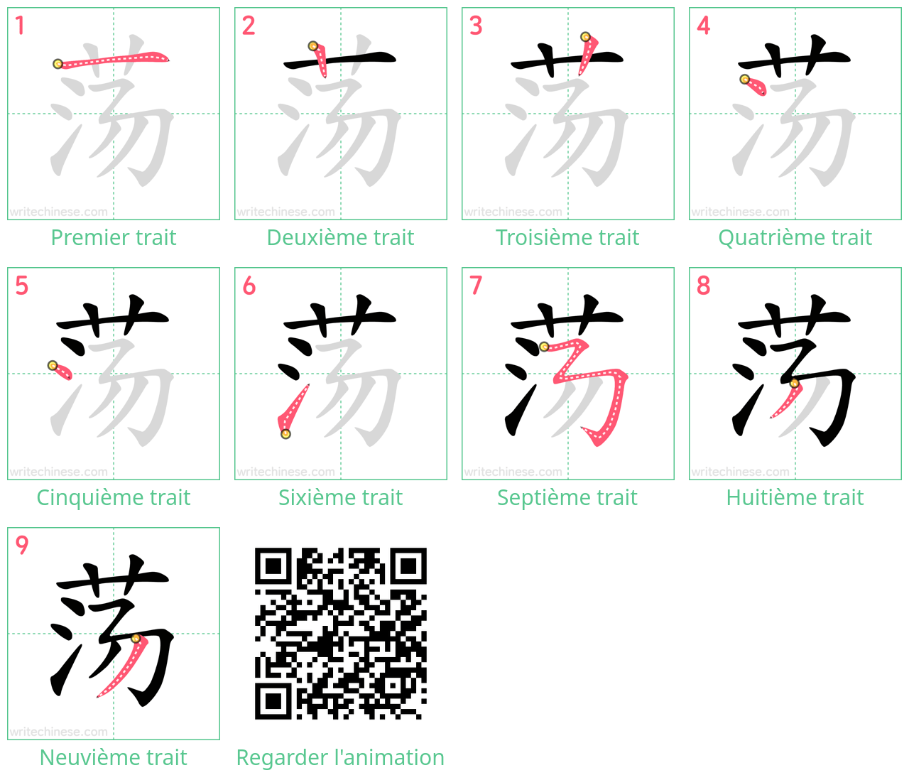 Diagrammes d'ordre des traits étape par étape pour le caractère 荡