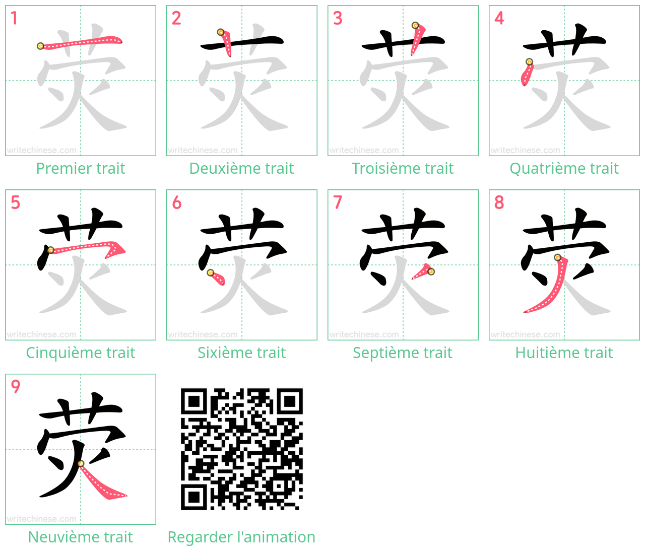 Diagrammes d'ordre des traits étape par étape pour le caractère 荧
