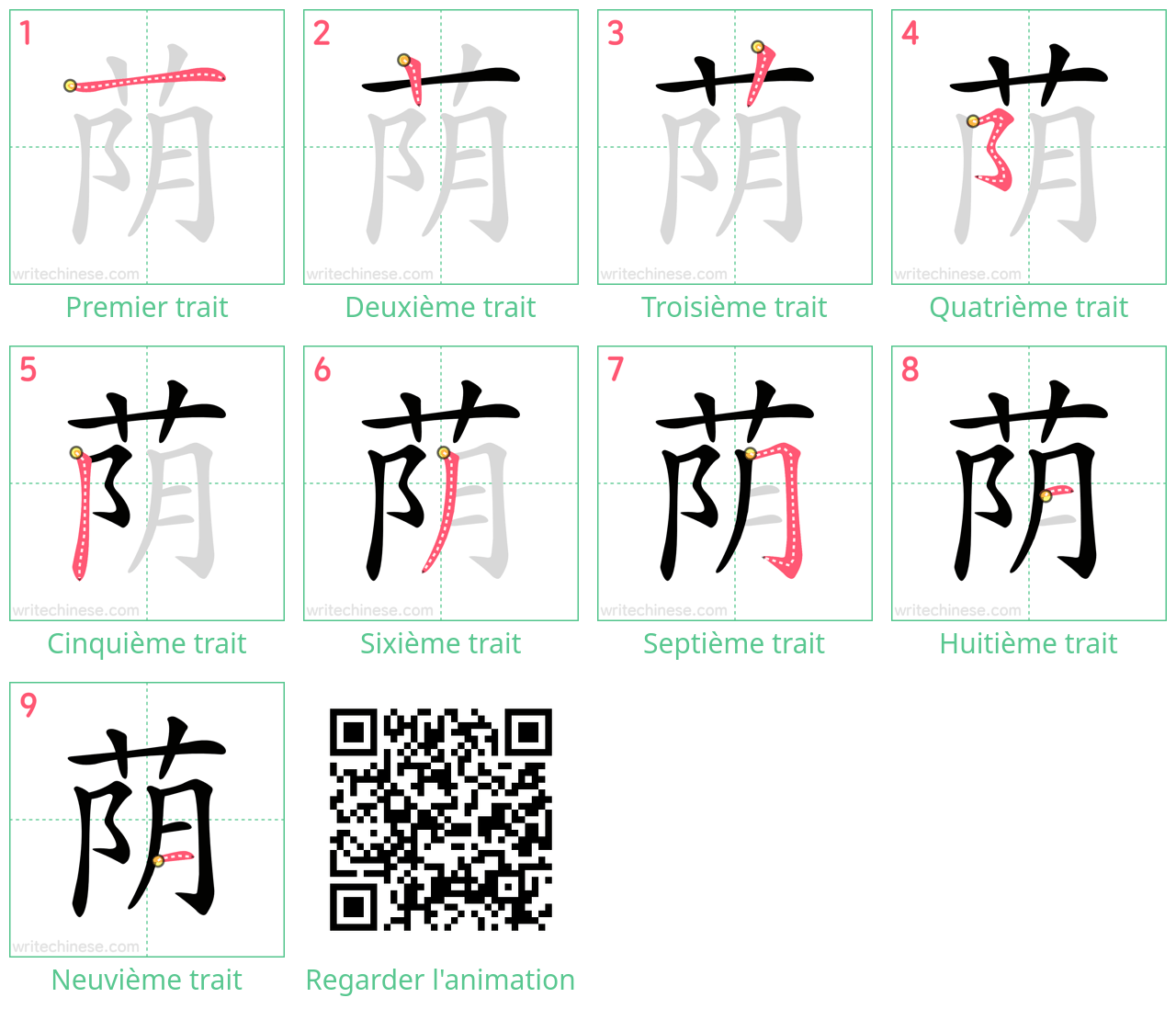 Diagrammes d'ordre des traits étape par étape pour le caractère 荫