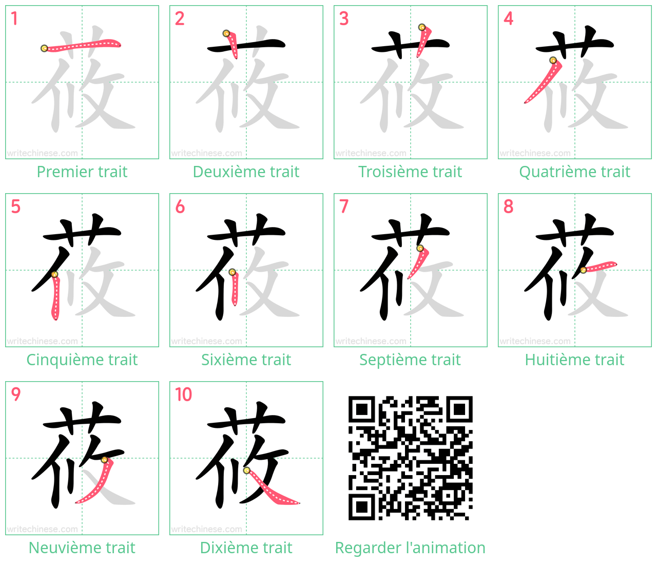 Diagrammes d'ordre des traits étape par étape pour le caractère 莜