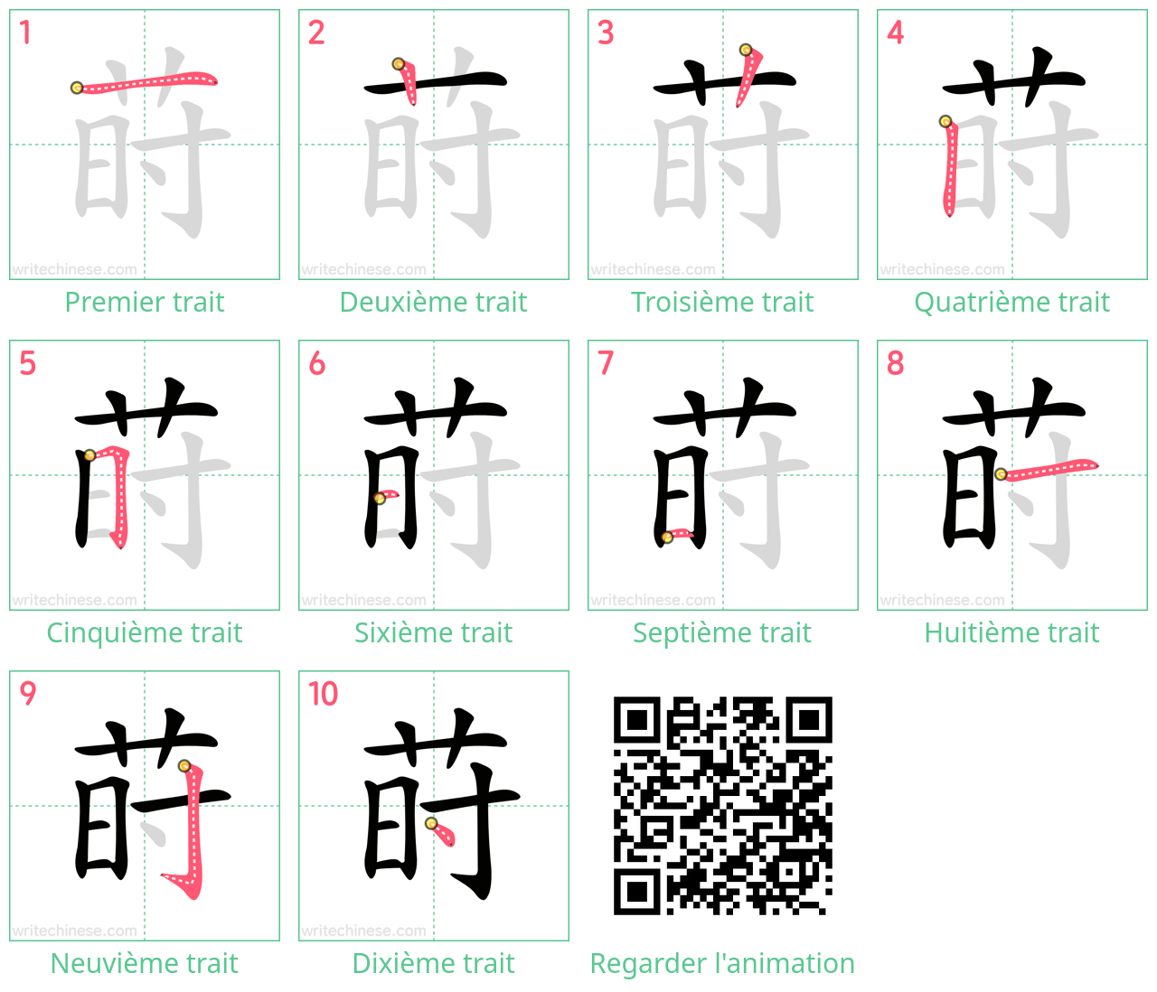 Diagrammes d'ordre des traits étape par étape pour le caractère 莳