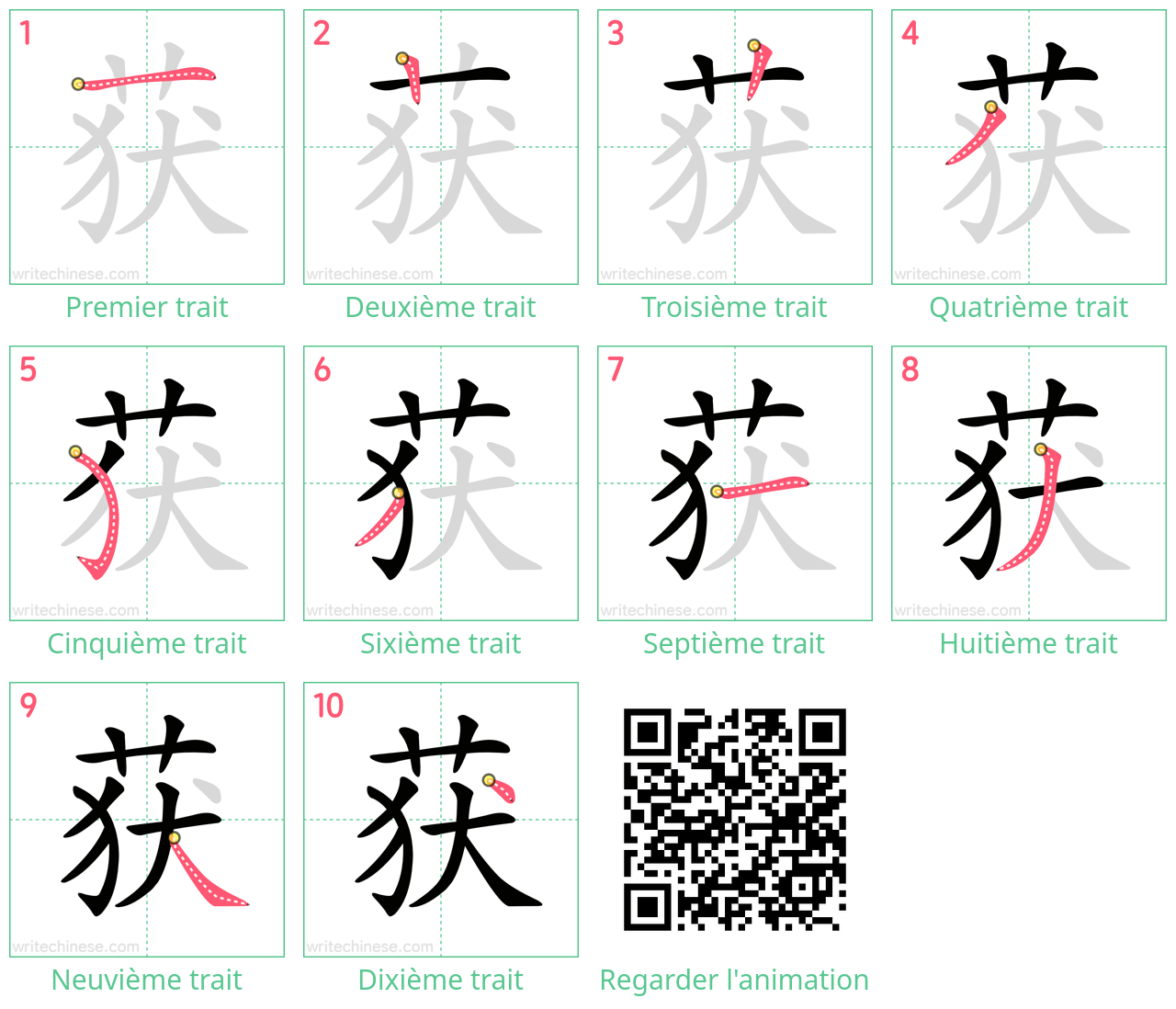 Diagrammes d'ordre des traits étape par étape pour le caractère 获